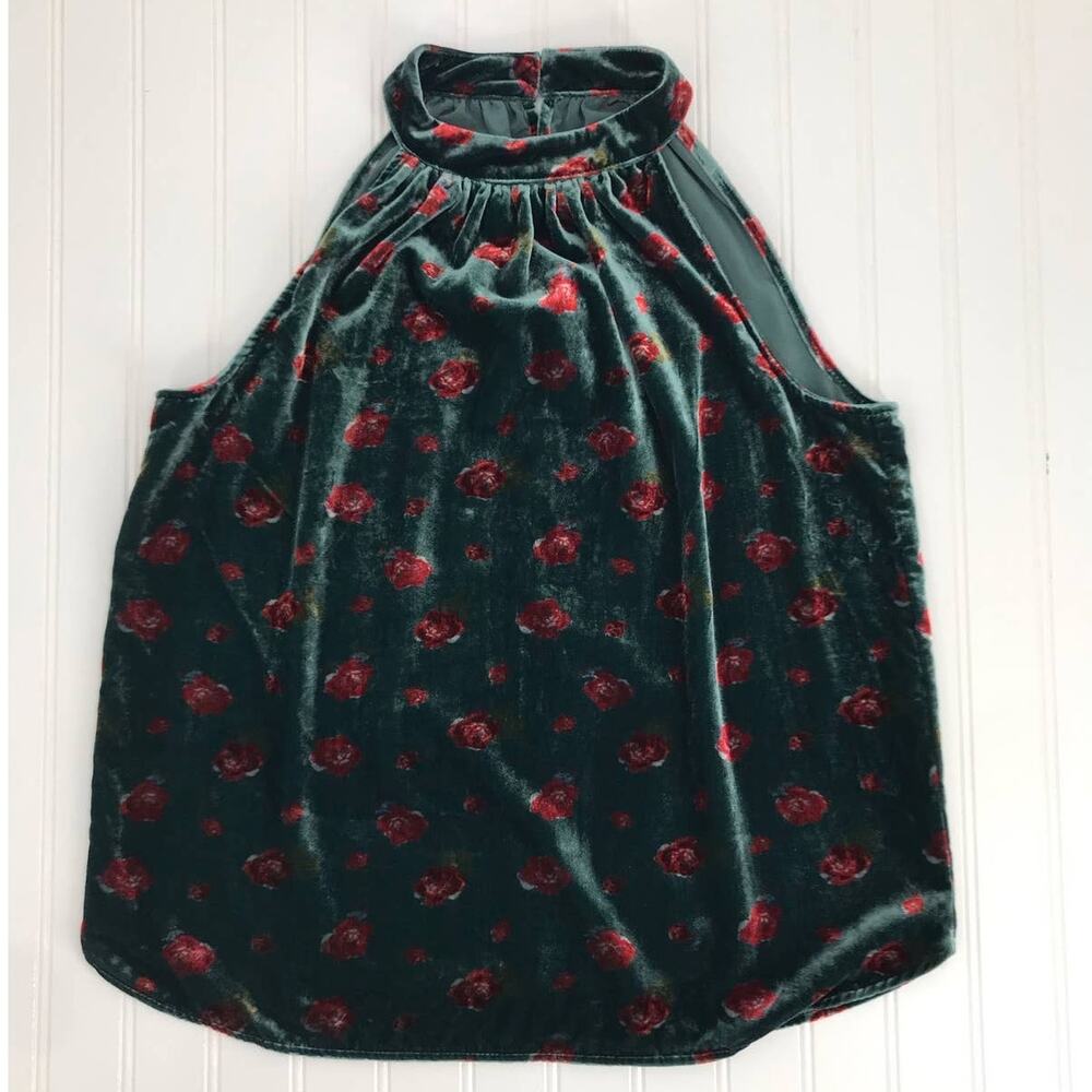 Ann Taylor LOFT Green Rose Print Velvet Halter Top Womens XS